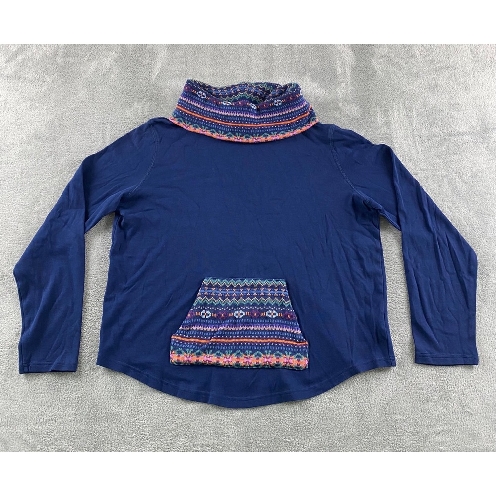 Chaps Denim Womens XL Navy Blue Fair Isle Cowl Neck Kangaroo Pocket Top
